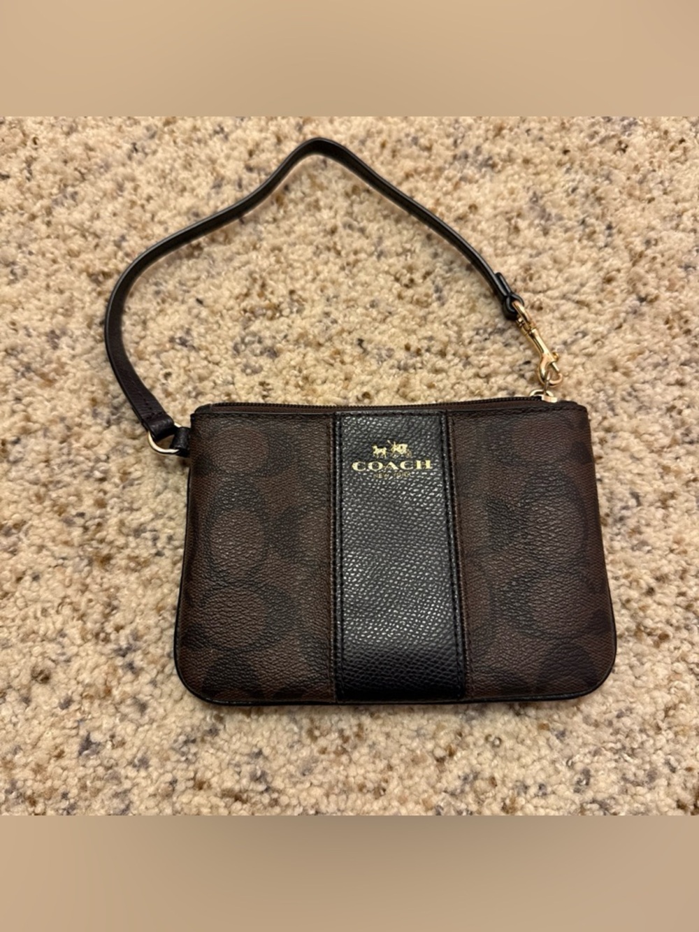 Coach Brown Signature Leather Wristlet with Black Center Stripe